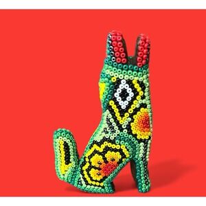 Huichol Coyote Beaded Bead Multicolor Handmade Figurine Mexico Folk Art Colorful